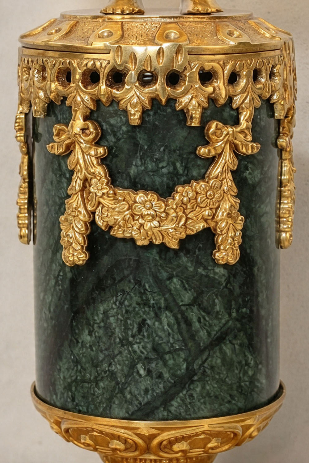 Verdelaine Brass Marble Cherub Table Lamp | Brass and Marble | Close-up of green marble pillar with brass swag | Samu Lamp