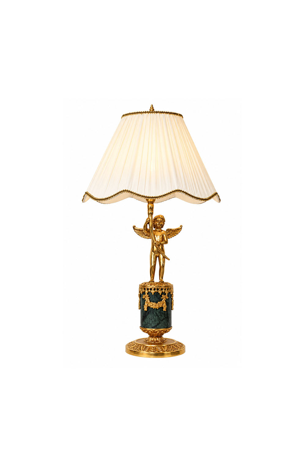 Verdelaine Brass Marble Cherub Table Lamp | Brass and Marble | Front view on pure white background, illuminated | Samu Lamp