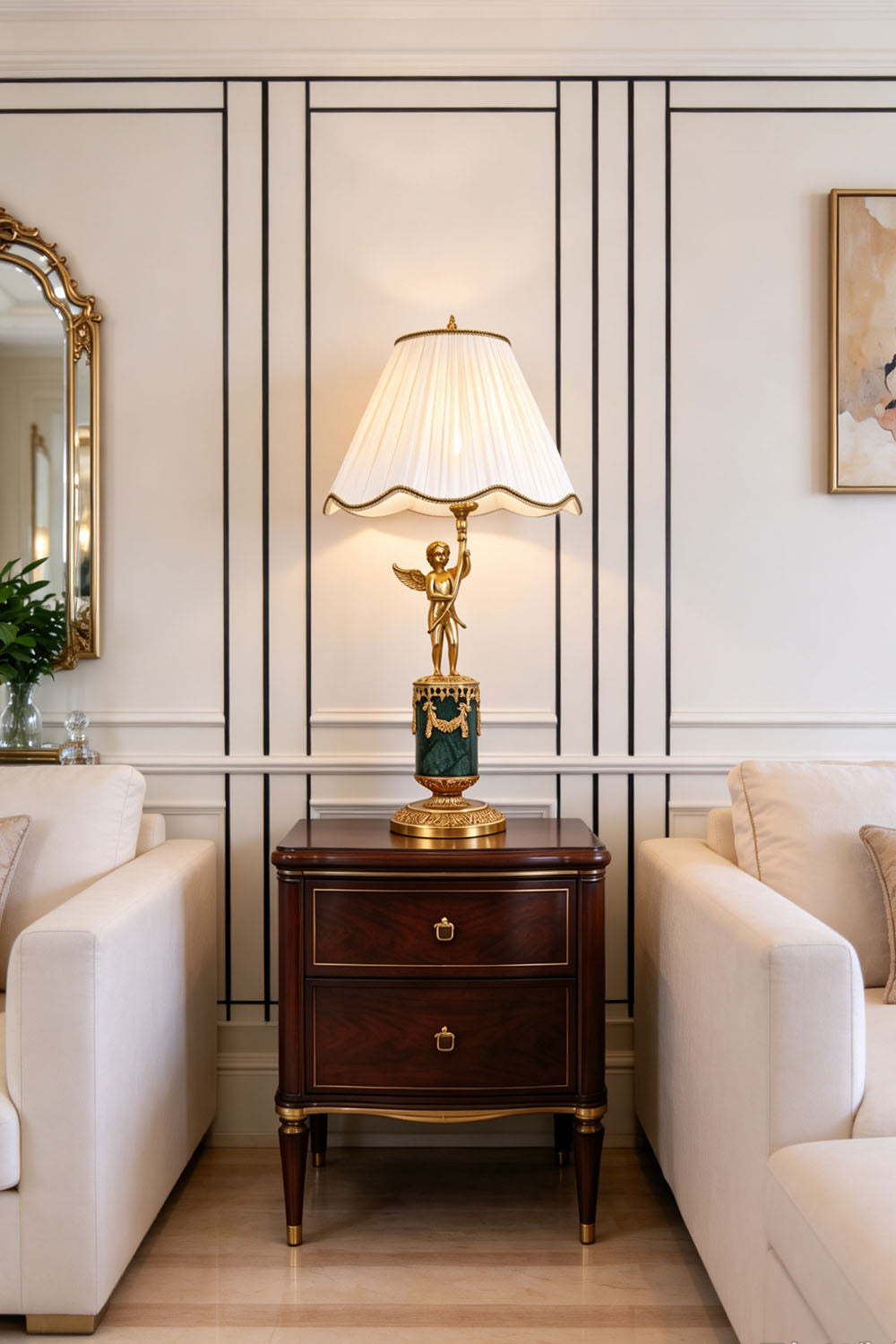 Verdelaine Brass Marble Cherub Table Lamp | Brass and Marble | Set on a side cabinet between classic sofas | Samu Lamp