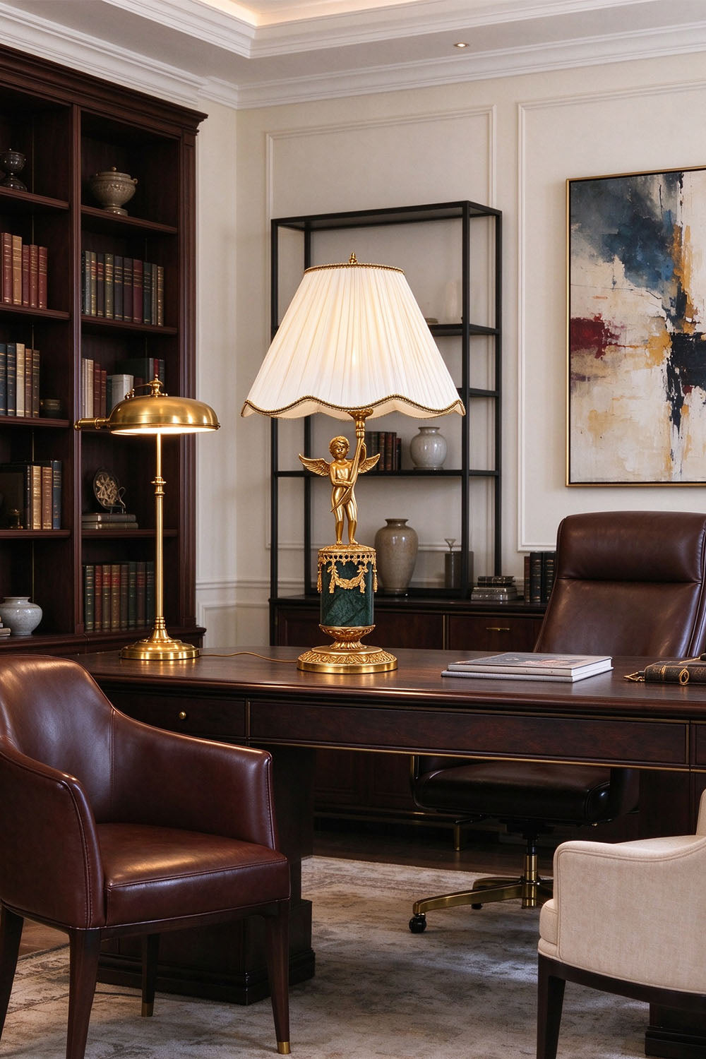 Verdelaine Brass Marble Cherub Table Lamp | Brass and Marble | Styled on a wooden desk in a classic study room | Samu Lamp
