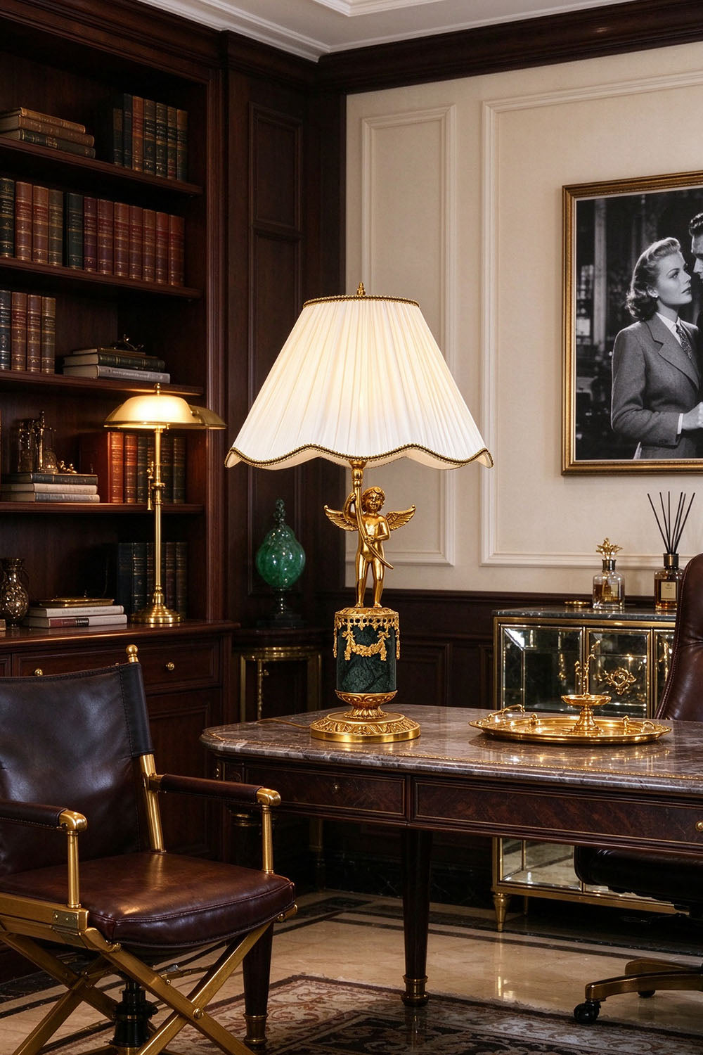 Verdelaine Brass Marble Cherub Table Lamp | Brass and Marble | Lighting a desk in a dark wood executive library | Samu Lamp