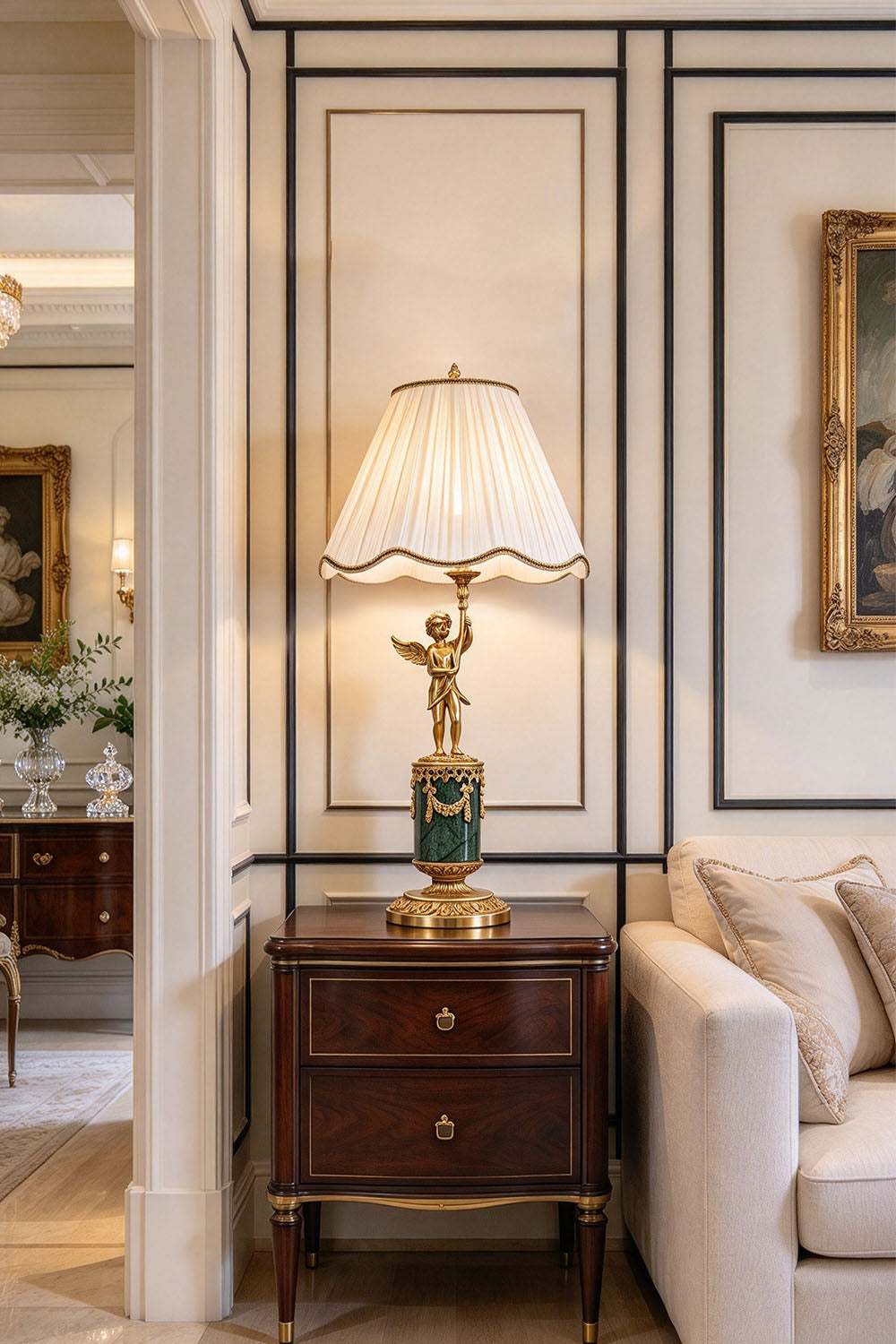 Verdelaine Brass Marble Cherub Table Lamp | Brass and Marble | Standing on a nightstand in an elegant interior | Samu Lamp