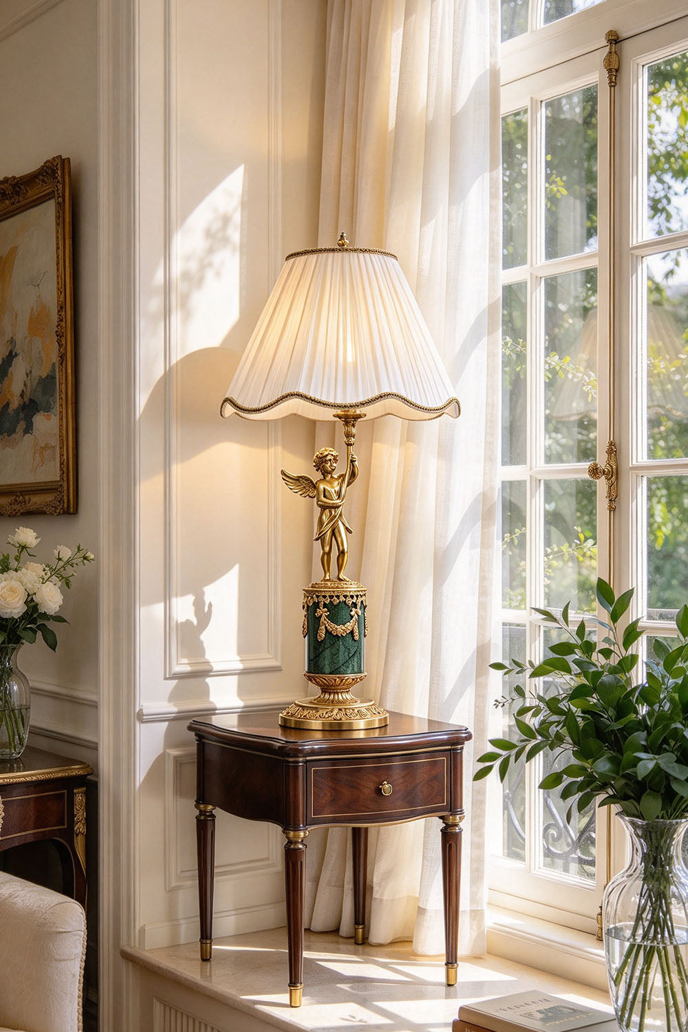 Verdelaine Brass Marble Cherub Table Lamp | Brass and Marble | Placed on a side table next to a sunny window | Samu Lamp