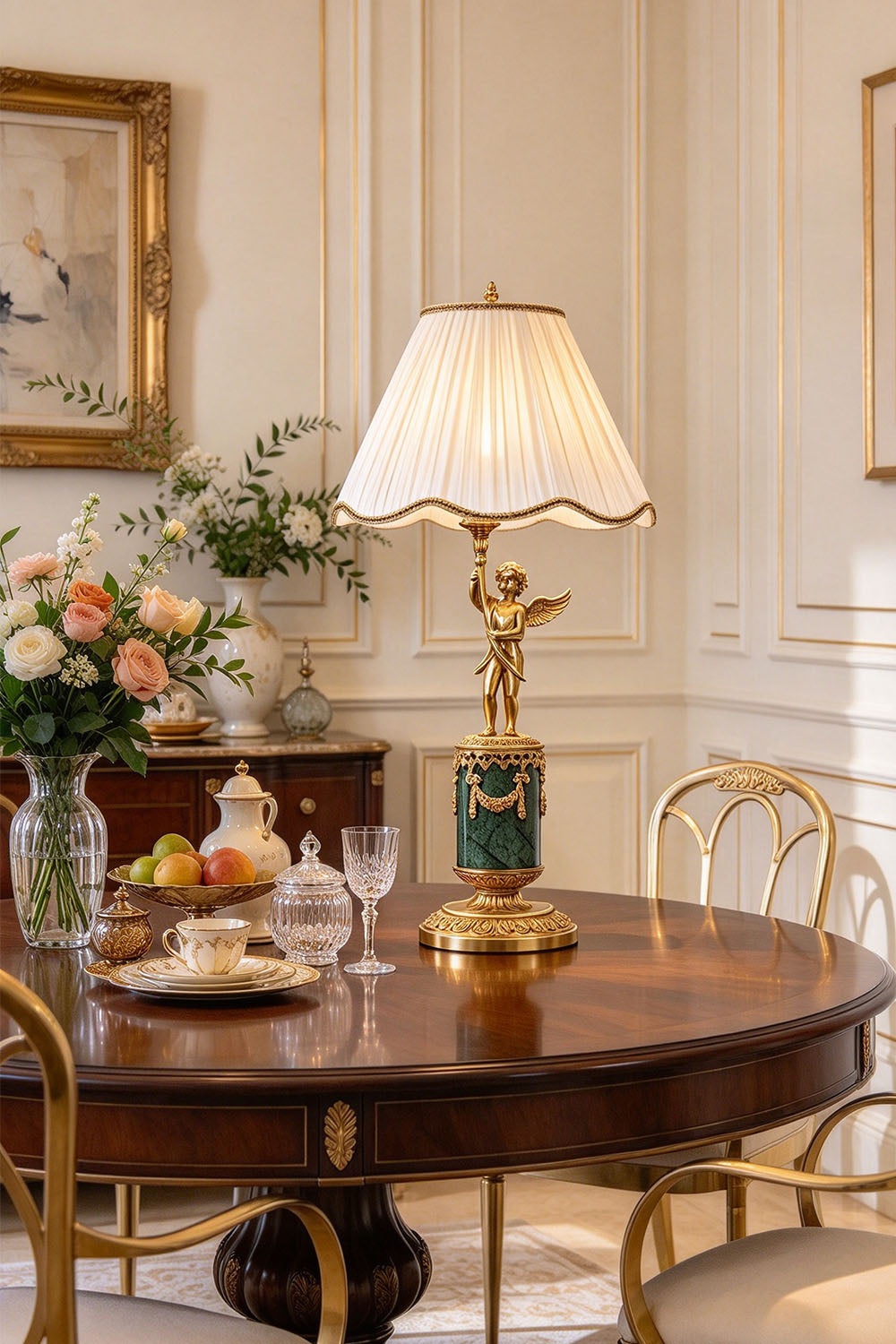 Verdelaine Brass Marble Cherub Table Lamp | Brass and Marble | Displayed on a round wooden dining room table | Samu Lamp