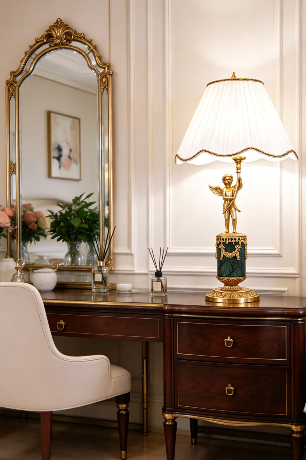 Verdelaine Brass Marble Cherub Table Lamp | Brass and Marble | Centered on a vanity table with an ornate mirror | Samu Lamp