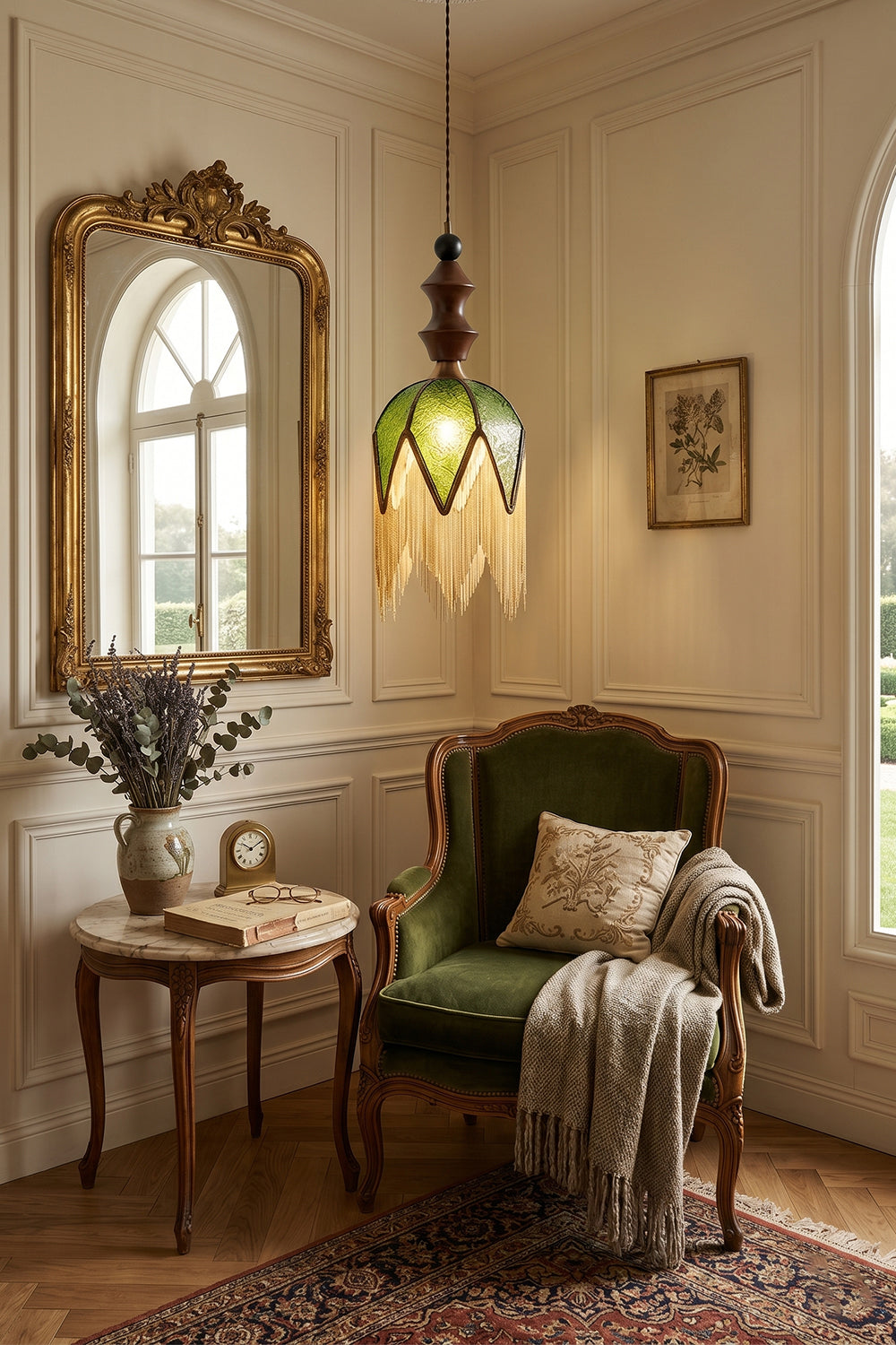 Verdure Cascade Pendant Light | Wood, Metal, Fabric | Hanging in vintage living room next to green armchair | Interior scene | Samu Lamp