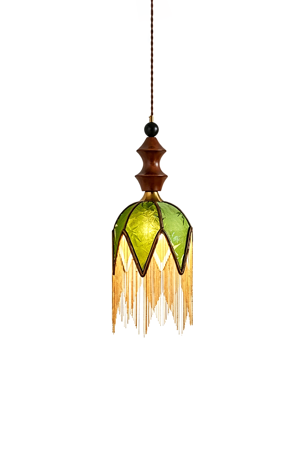 Verdure Cascade Pendant Light | Wood, Metal, Fabric | Green fabric shade, cascading fringes, wood bead top | Isolated lit product shot | Samu Lamp