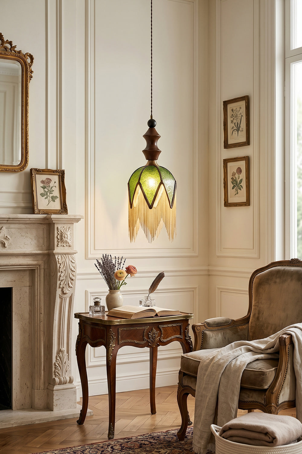 Verdure Cascade Pendant Light | Wood, Metal, Fabric | Displayed in cozy living room with fireplace and antique table | Interior scene | Samu Lamp