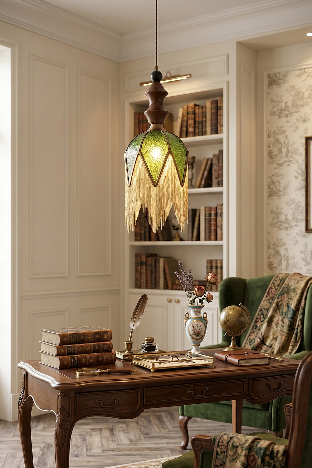 Verdure Cascade Pendant Light | Wood, Metal, Fabric | Above desk and bookshelves in classic study room | Interior scene | Samu Lamp