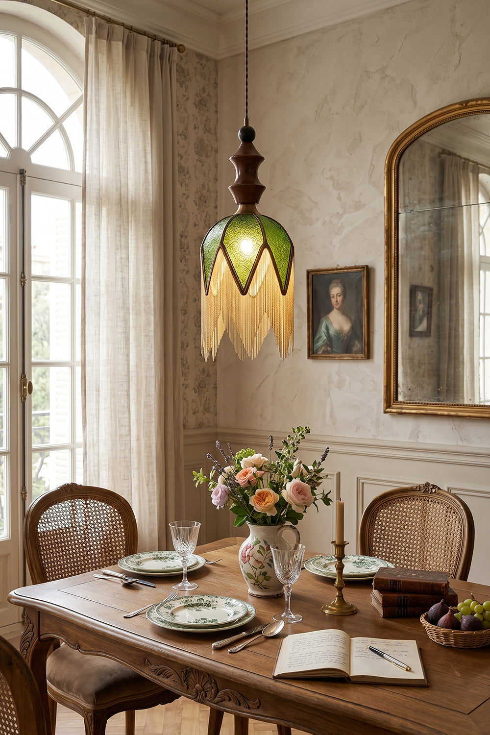 Verdure Cascade Pendant Light | Wood, Metal, Fabric | Close-up scene in vintage living room with window and mirror | Interior scene | Samu Lamp