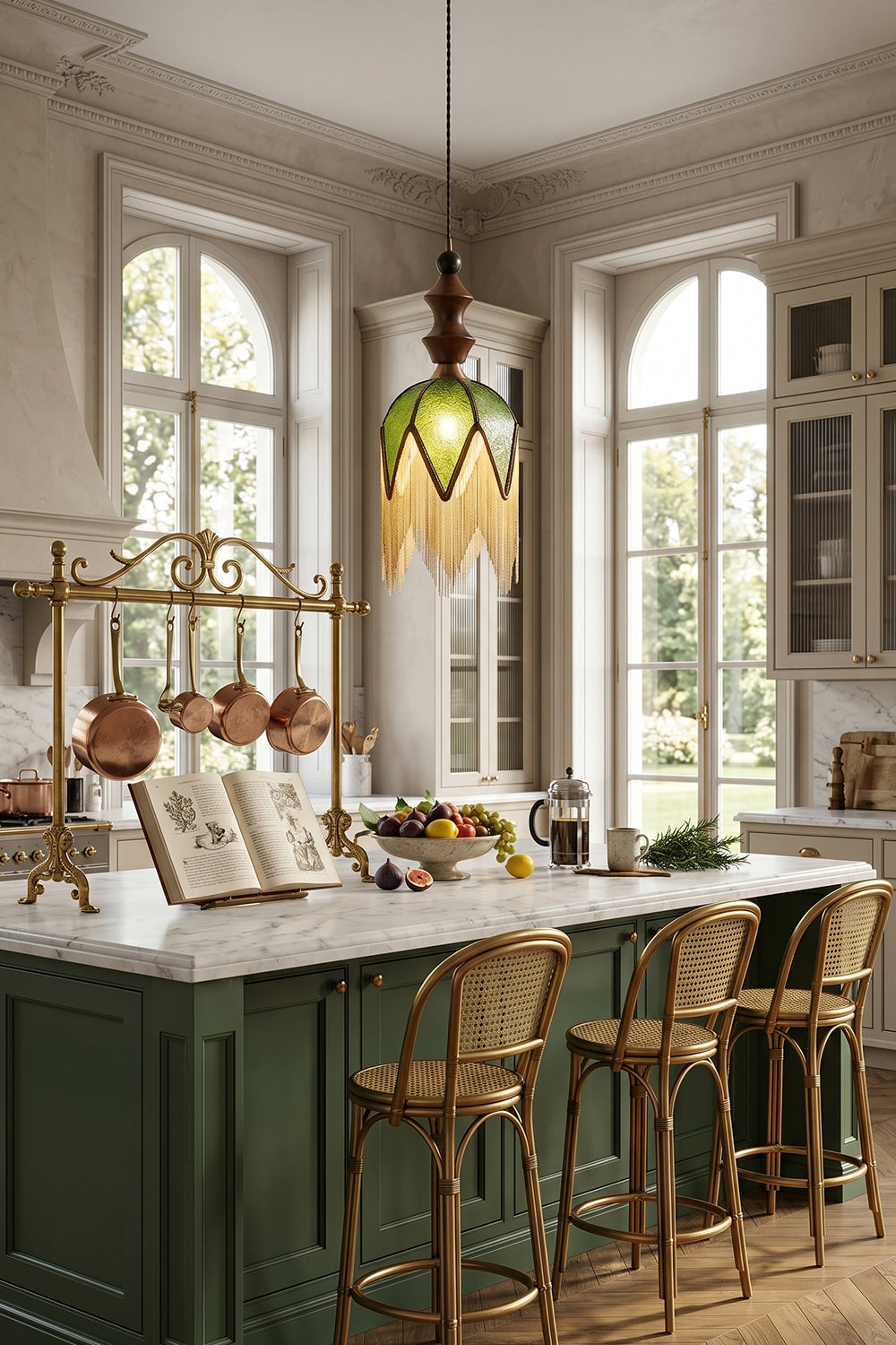 Verdure Cascade Pendant Light | Wood, Metal, Fabric | Illuminated above green kitchen island with wood stools | Interior scene | Samu Lamp