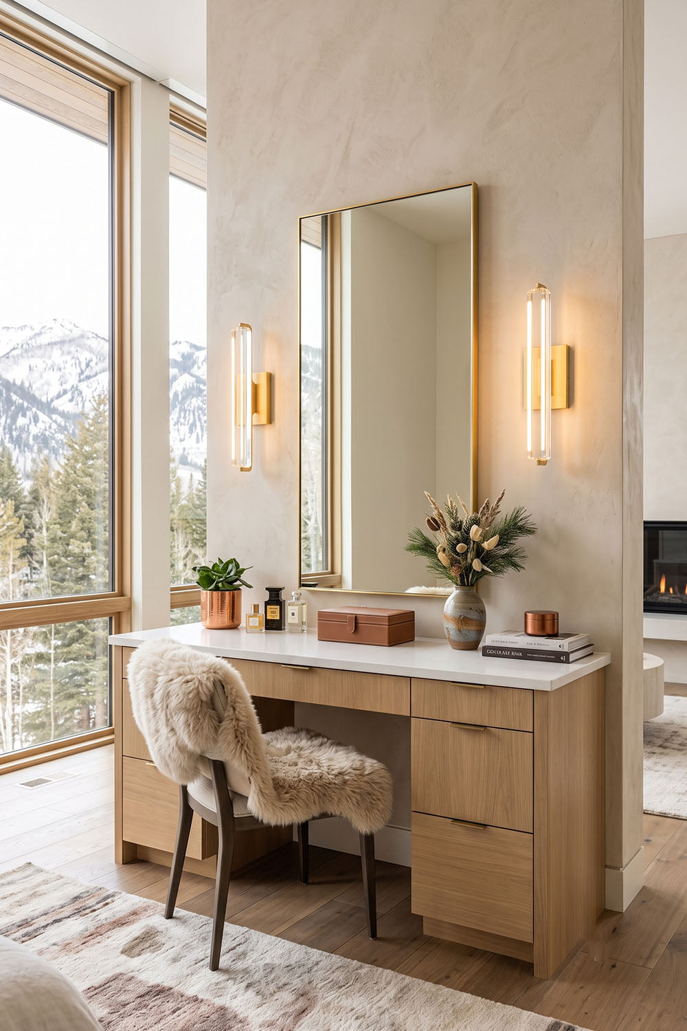 Stylish Verel Crystal Bar Wall Sconce illuminating a modern bedroom vanity with mountain views.