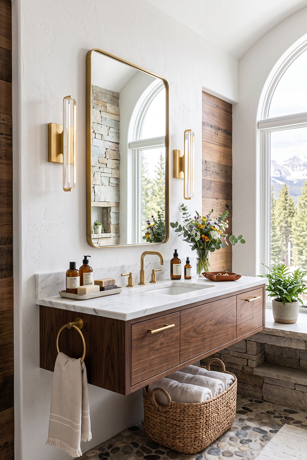 Modern bathroom featuring a Verel Crystal Bar Wall Sconce, stylish fixtures, and natural decor.