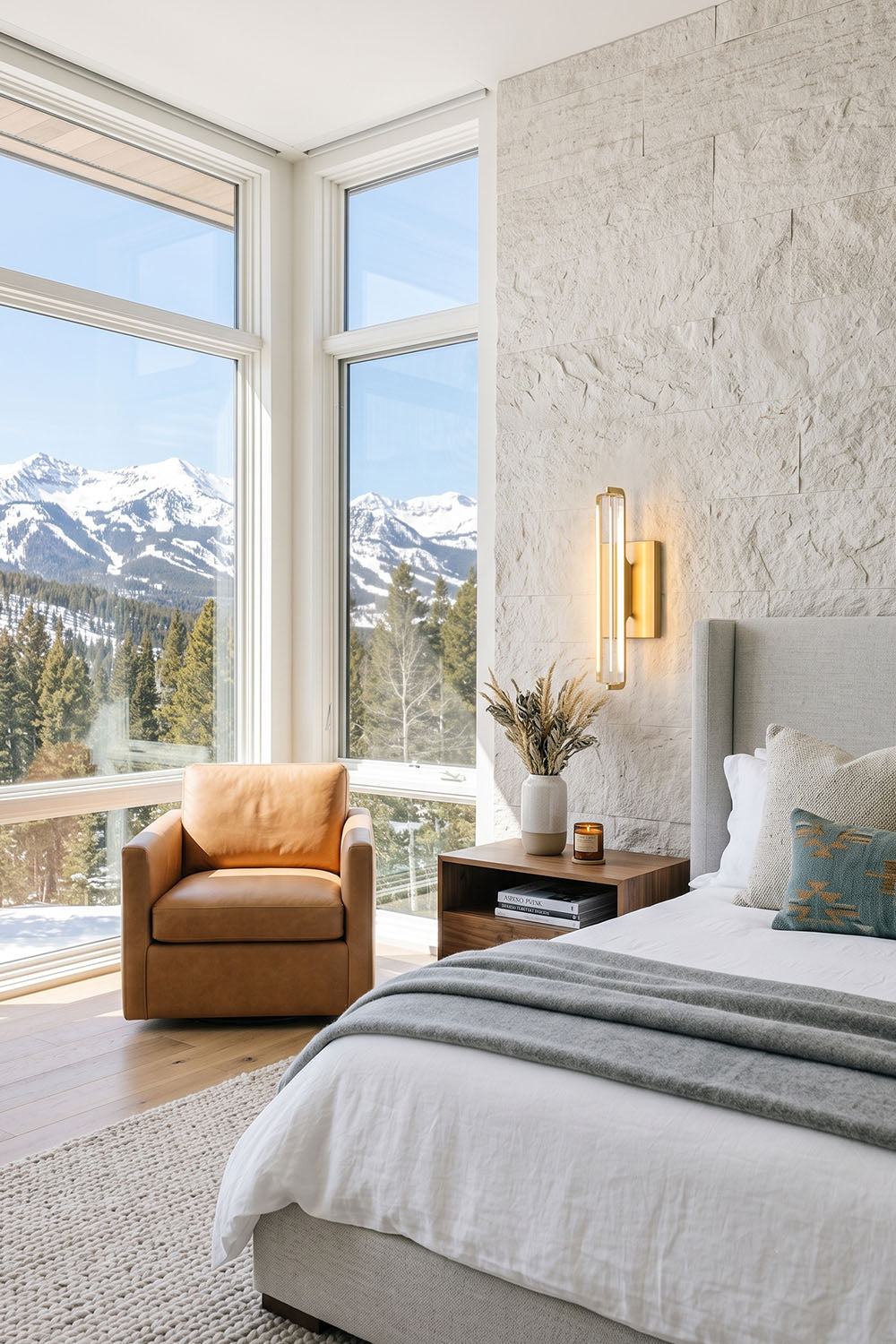 Elegant bedroom featuring the Verel Crystal Bar Wall Sconce beside a cozy armchair with mountain views.