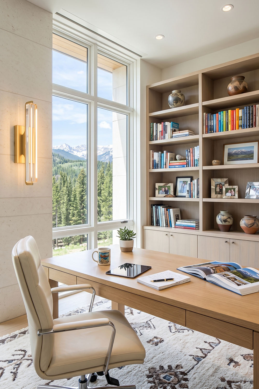 Verel Crystal Bar Wall Sconce illuminating a modern home office with large windows and a bookshelf.