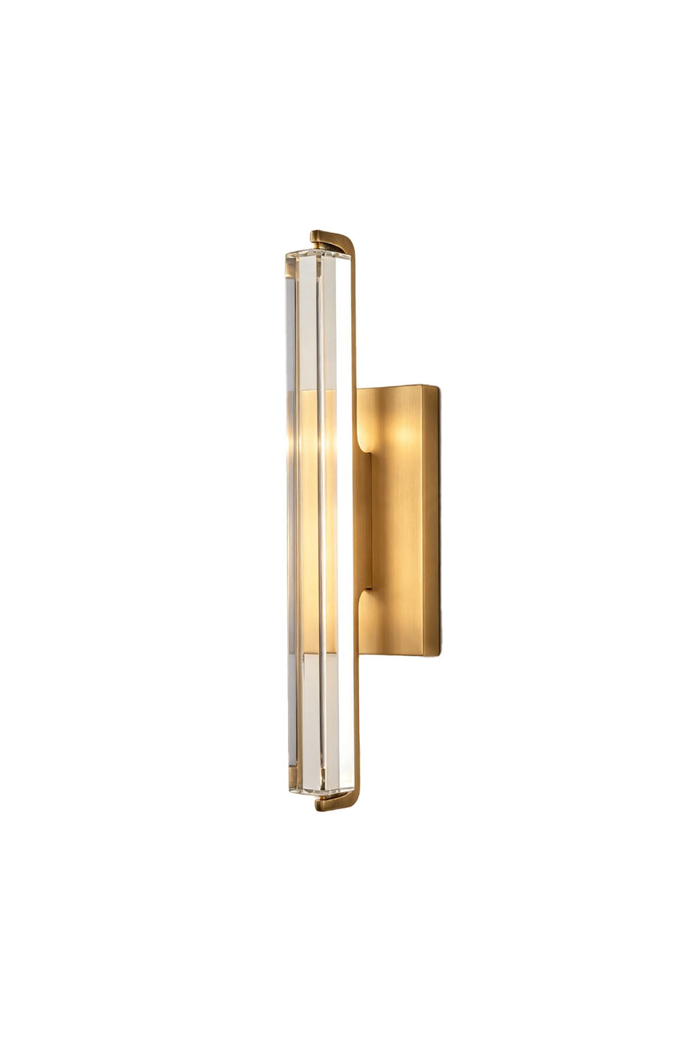 Verel Crystal Bar Wall Sconce featuring clear crystal and a brass frame with warm LED lighting.