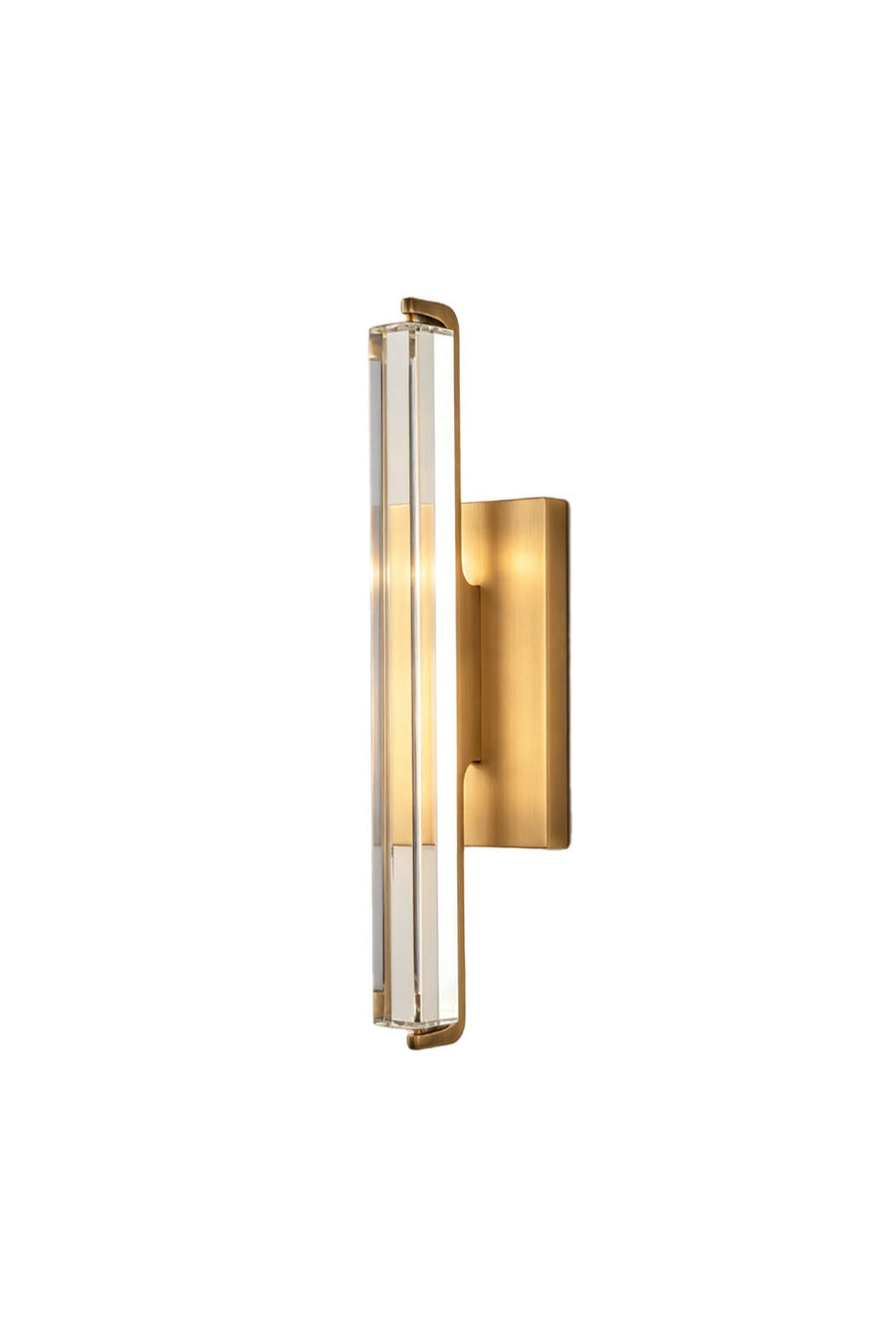 Verel Crystal Bar Wall Sconce featuring clear crystal and a brass frame with warm LED lighting.