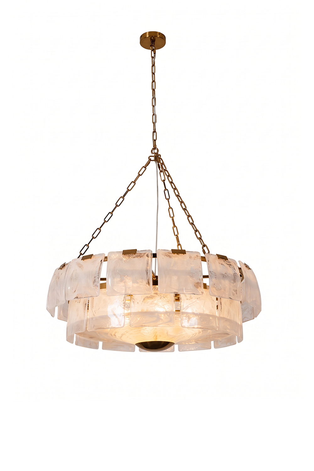 Verel Stepped Glass Drum Chandelier with elegant brass finish and layered glass design.