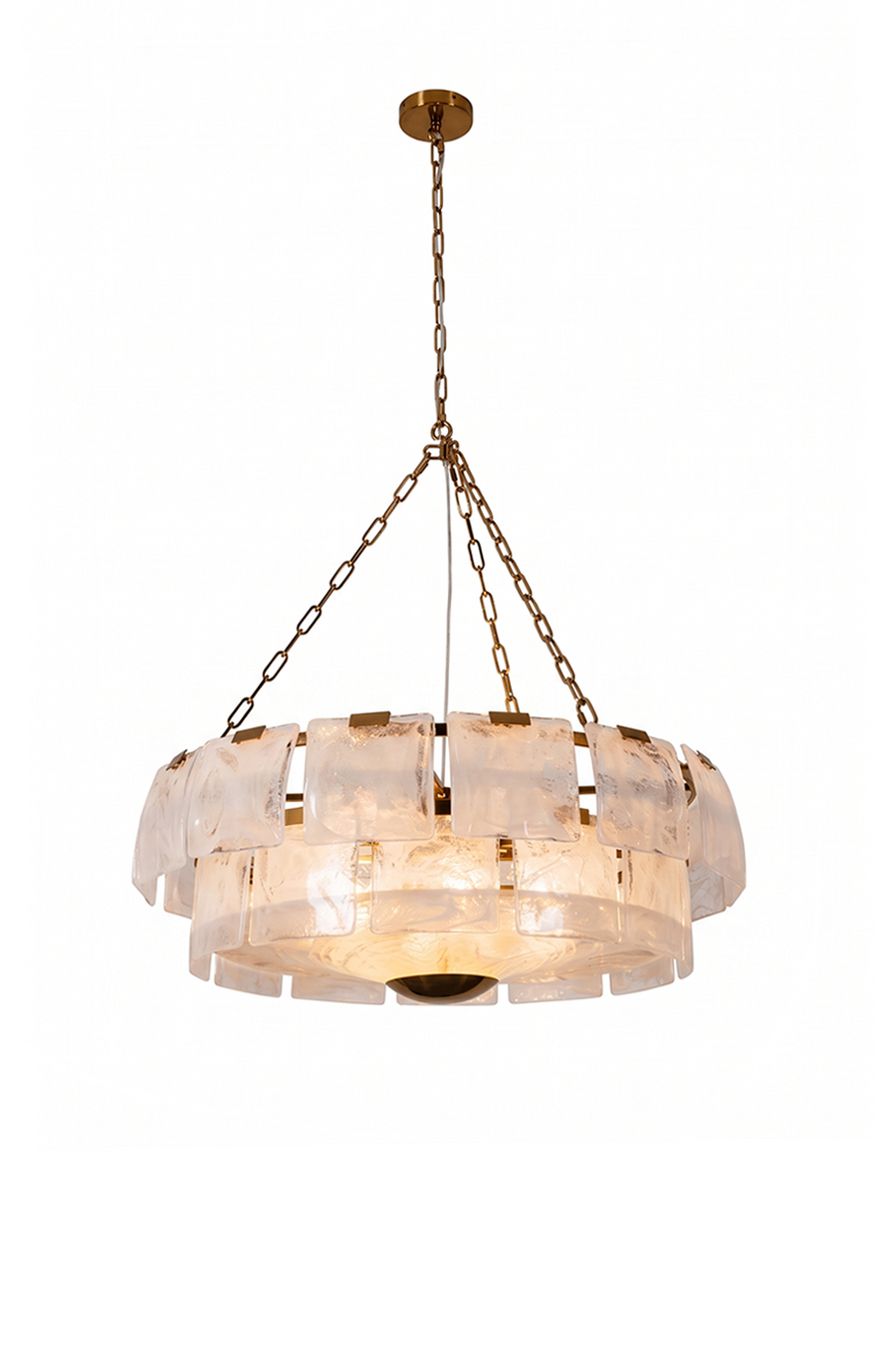 Verel Stepped Glass Drum Chandelier with elegant brass finish and layered glass design.