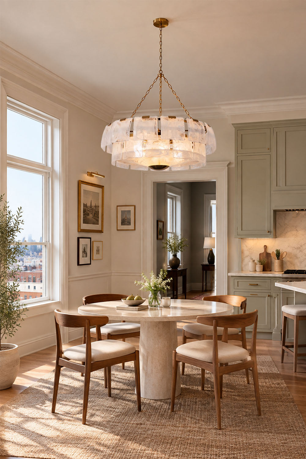 Verel Stepped Glass Drum Chandelier hanging over a round table in a stylish dining area.