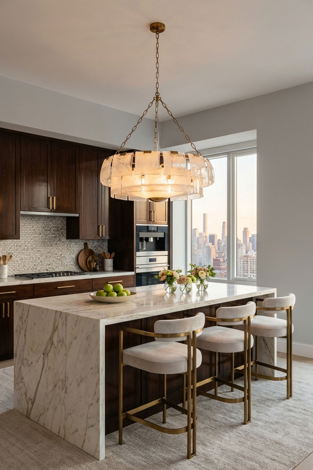 Verel Stepped Glass Drum Chandelier above a marble kitchen island with gold accents and city view.