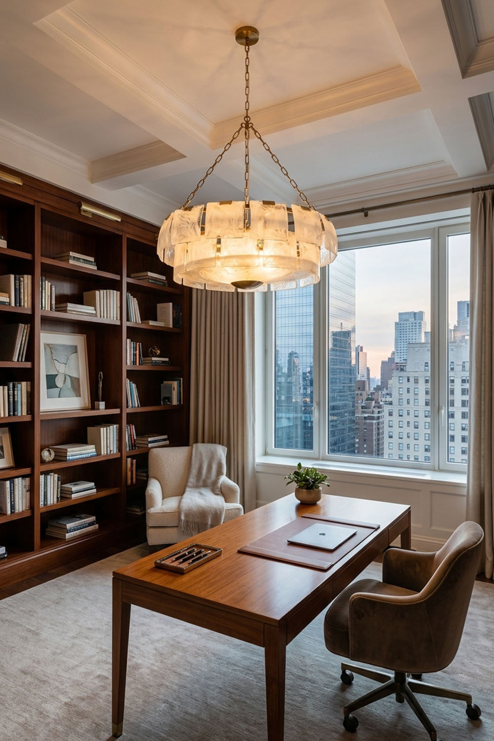 Verel Stepped Glass Drum Chandelier illuminating a modern office space with a view.