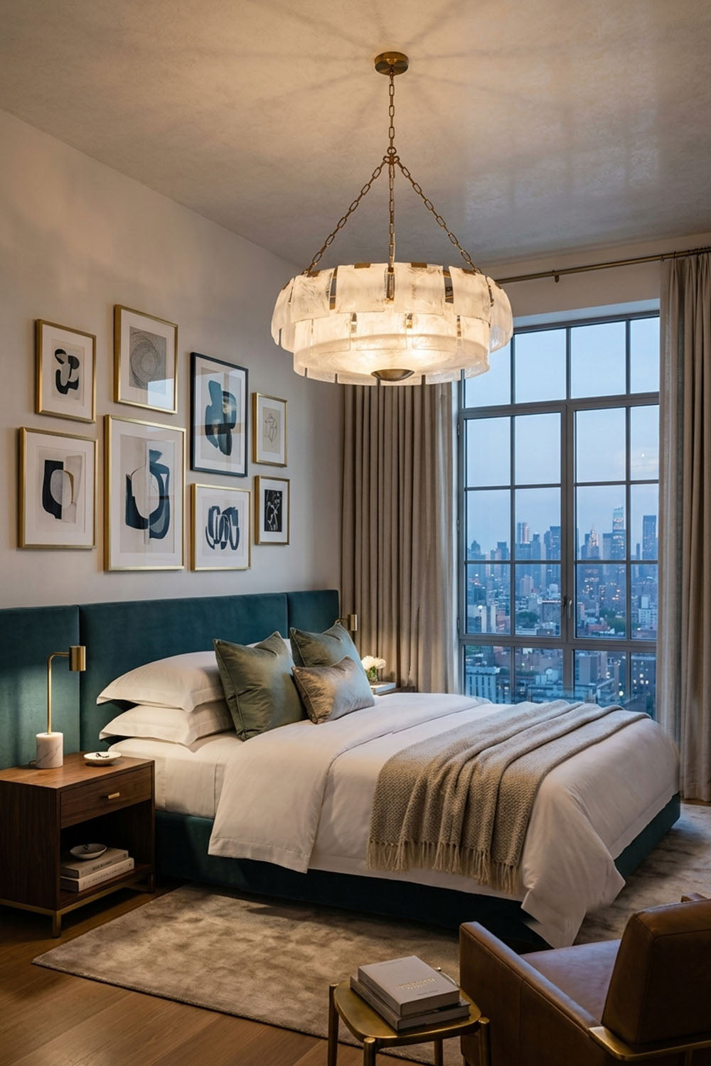 Verel Stepped Glass Drum Chandelier illuminating a stylish bedroom with city skyline views.