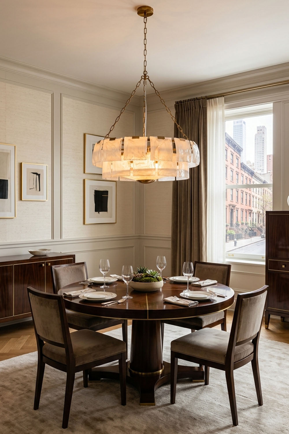 Verel Stepped Glass Drum Chandelier illuminating an elegant dining room with a round wooden table.