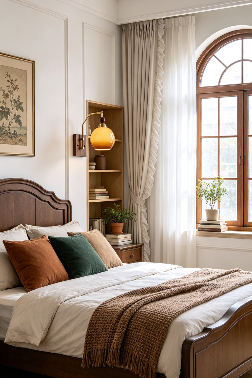 Vesper Caramel Gradient Wall Lamp | Glass, Metal, Wood | Mounted on a white wall as an elegant bedside reading lamp next to a classic wooden headboard in a bright room | Samu Lamp