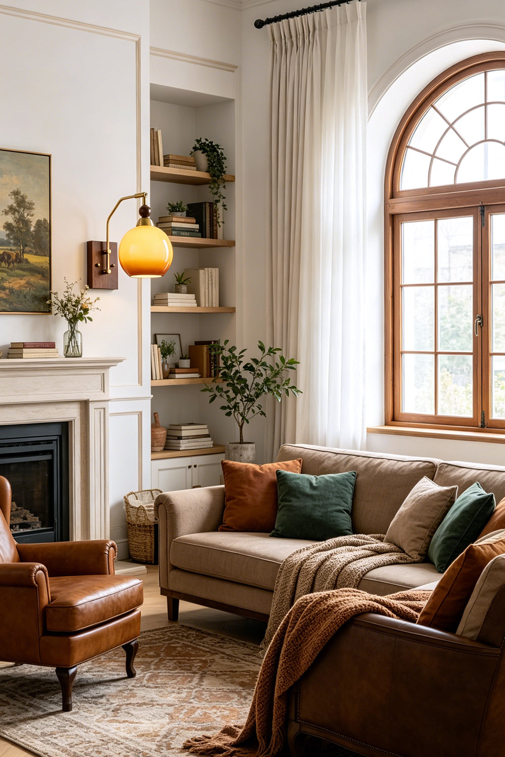 Vesper Caramel Gradient Wall Lamp | Glass, Metal, Wood | Featured in a cozy living room next to a fireplace and bookshelves, throwing a warm light over a leather armchair | Samu Lamp