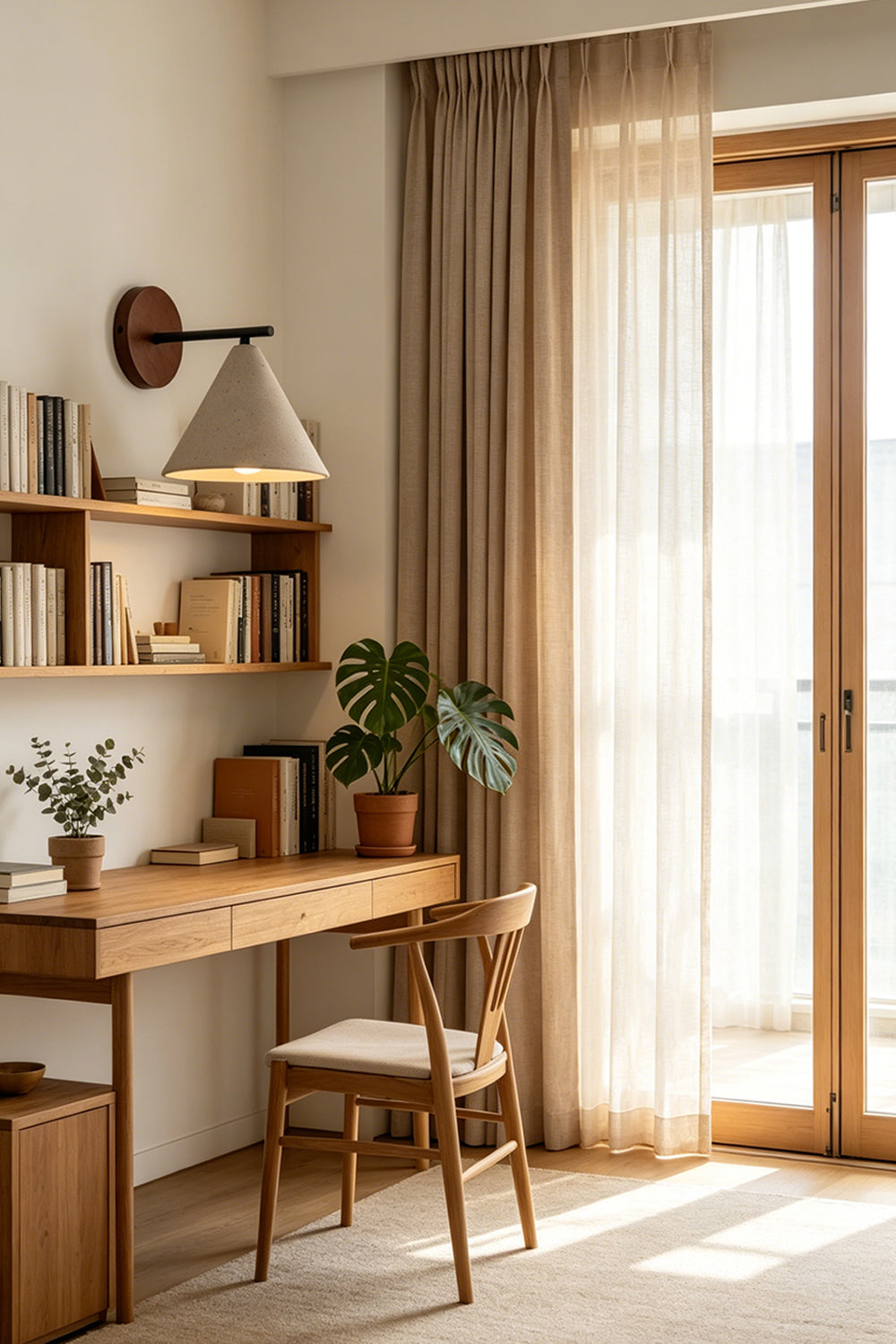 Vesper Cone Travertine Wall Light | Travertine, Wood | Desk lighting near large window and shelves | Samu Lamp
