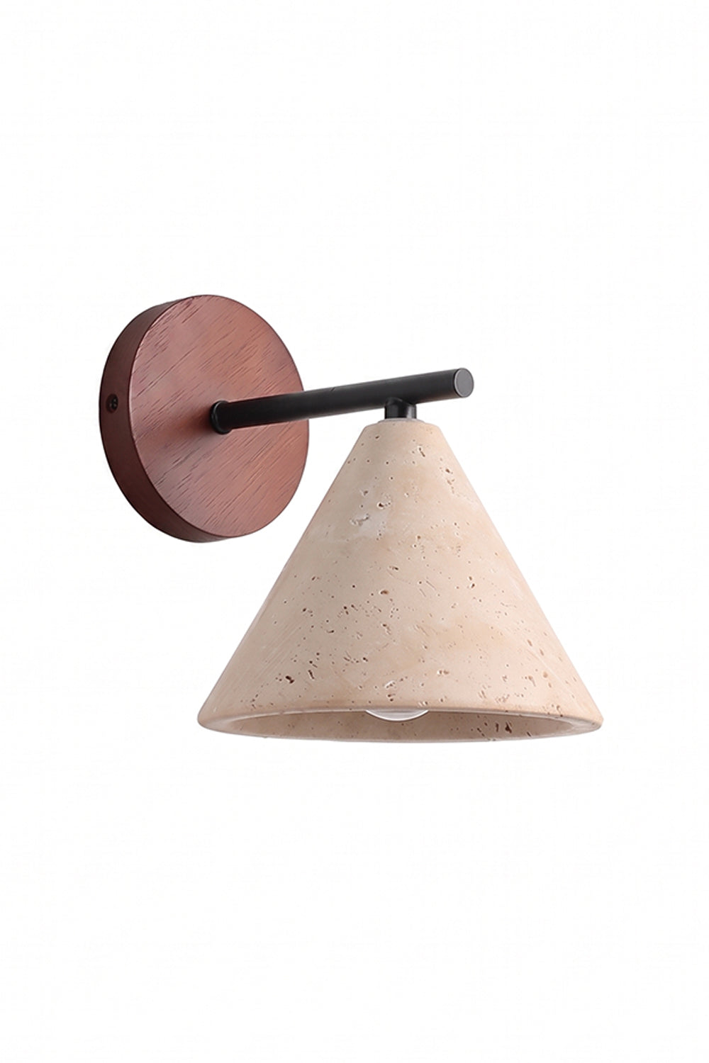 Vesper Cone Travertine Wall Light | Travertine, Wood | Cone shade with circular wood backplate | Isolated product shot | Samu Lamp