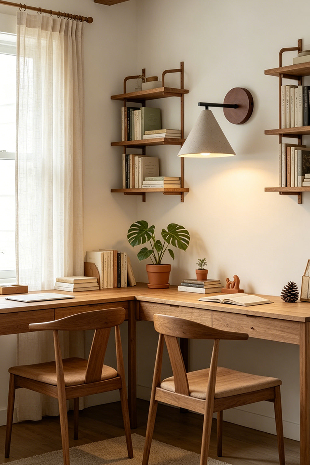 Vesper Cone Travertine Wall Light | Travertine, Wood | Corner workspace with wooden desk and chairs | Samu Lamp