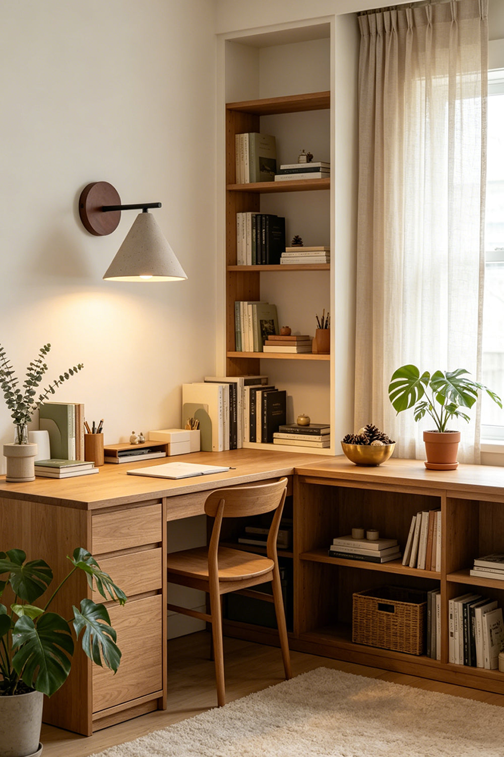 Vesper Cone Travertine Wall Light | Travertine, Wood | Built-in wooden shelves and desk setup | Samu Lamp