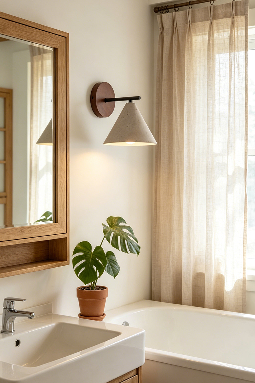 Vesper Cone Travertine Wall Light | Travertine, Wood | Bathroom vanity lighting next to wooden cabinet | Samu Lamp
