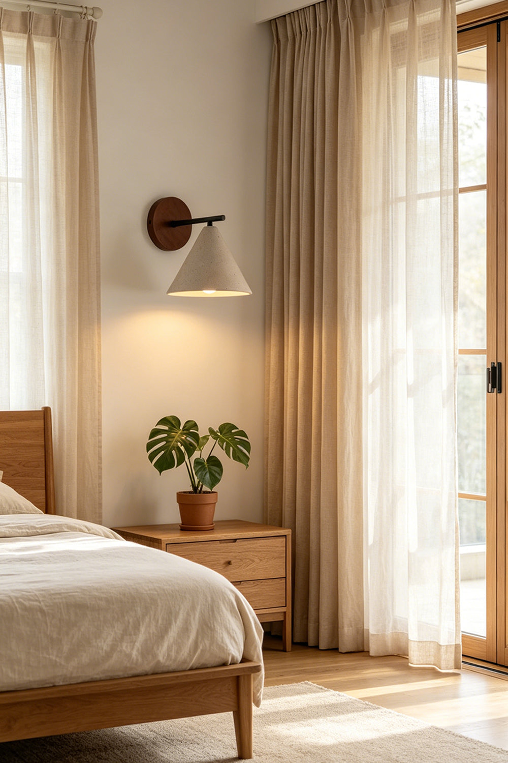 Vesper Cone Travertine Wall Light | Travertine, Wood | Bedside installation in warm modern bedroom | Samu Lamp