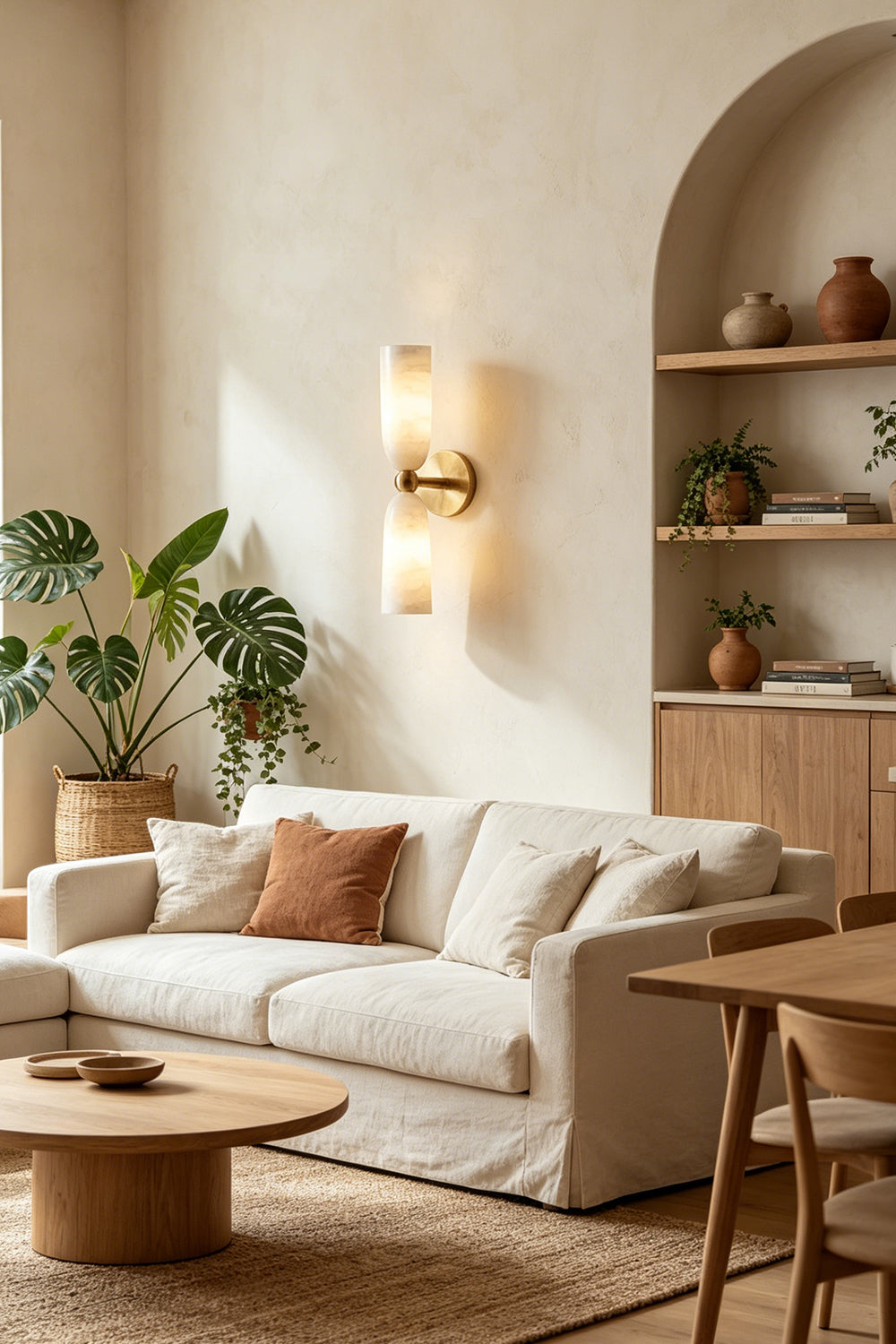 Vesperal Axis Alabaster Wall Lamp | Alabaster, Metal | Providing soft wall glow in a bright lounge area with a comfortable beige couch and wooden coffee table | Samu Lamp