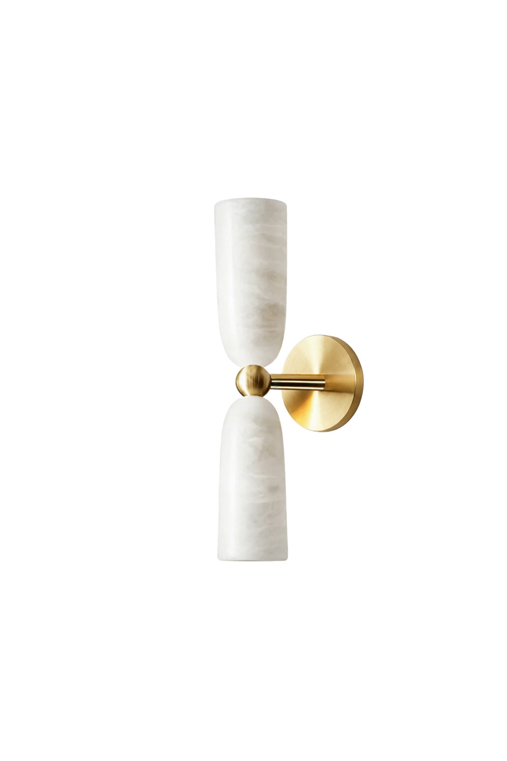 Vesperal Axis Alabaster Wall Lamp | Alabaster, Metal | Double-ended hourglass design with two alabaster shades and a gold metal base | Isolated lit product shot on white background | Samu Lamp