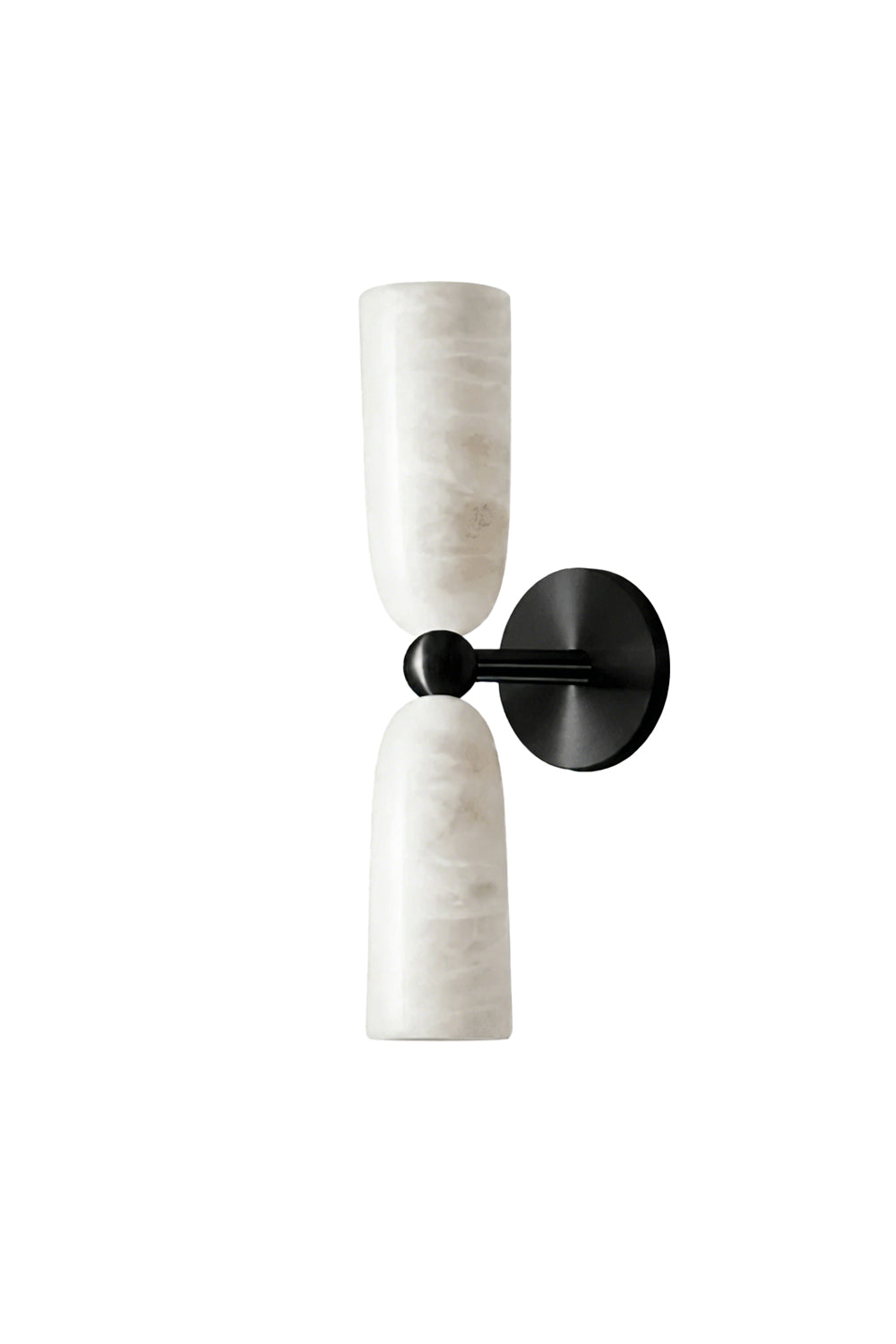 Vesperal Axis Alabaster Wall Lamp | Alabaster, Metal | Full view of the lamp featuring black metal hardware and dual alabaster stone shades | Isolated shot | Samu Lamp