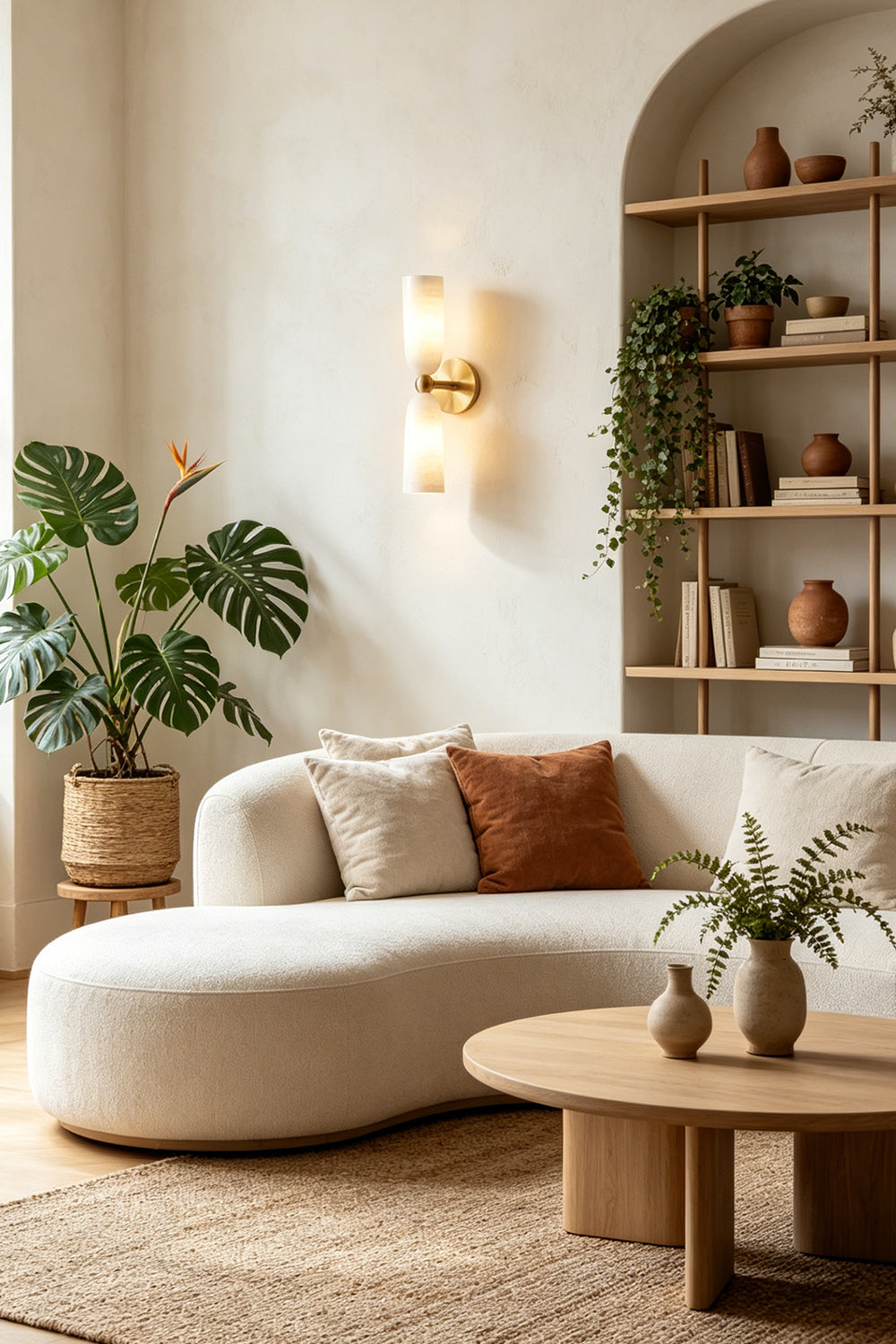 Vesperal Axis Alabaster Wall Lamp | Alabaster, Metal | Accent light on a plaster wall in a modern living room with a curved white sofa and arched wooden shelving | Samu Lamp