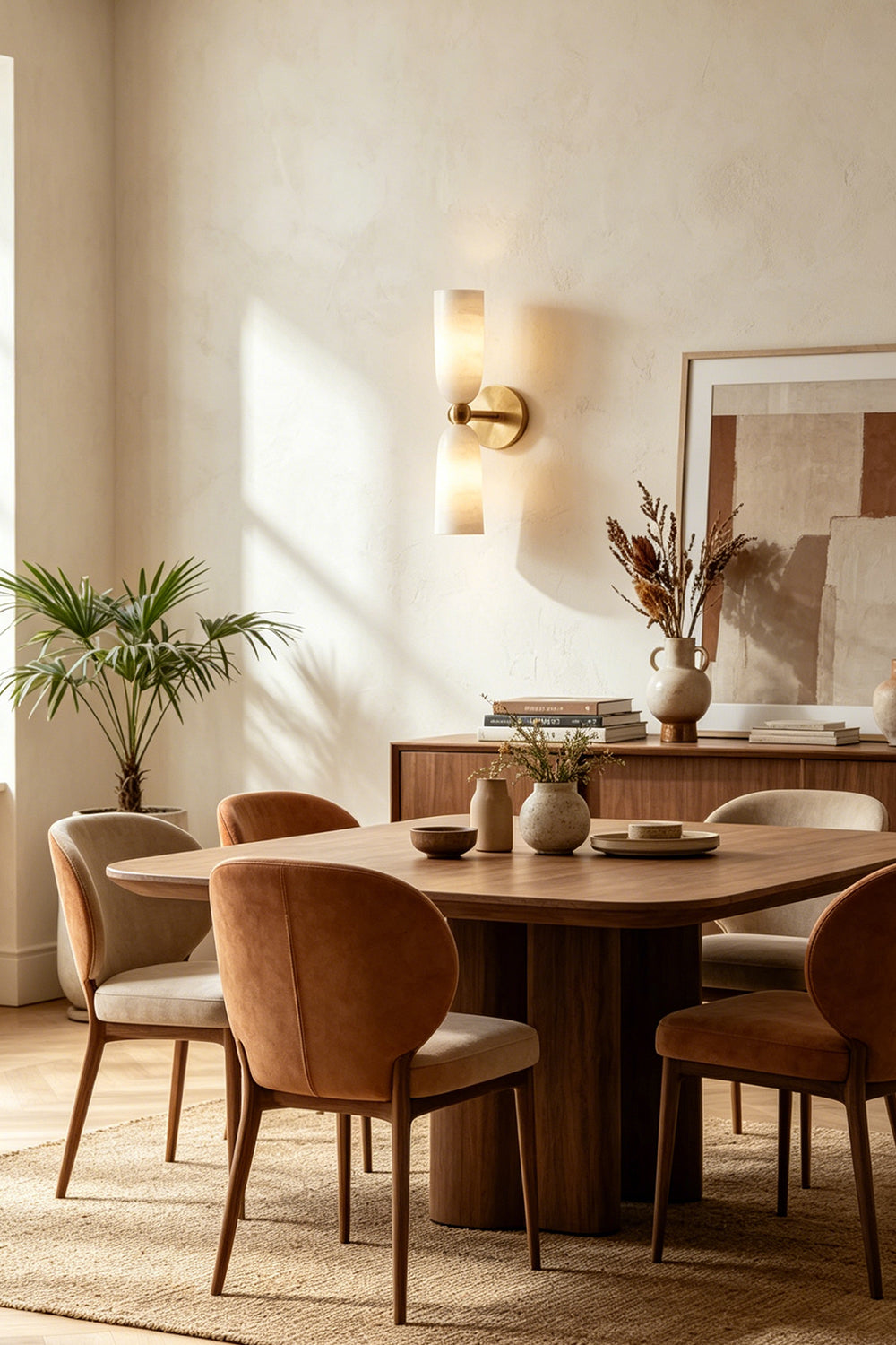 Vesperal Axis Alabaster Wall Lamp | Alabaster, Metal | Mounted in a contemporary dining room with a round wooden table and warm earth-toned chairs | Samu Lamp
