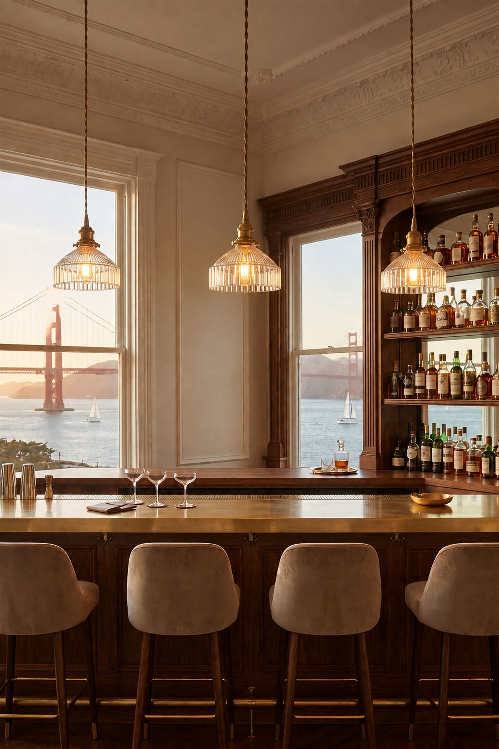 Vintage Pendant Light illuminating a stylish bar with a view of the Golden Gate Bridge at sunset.