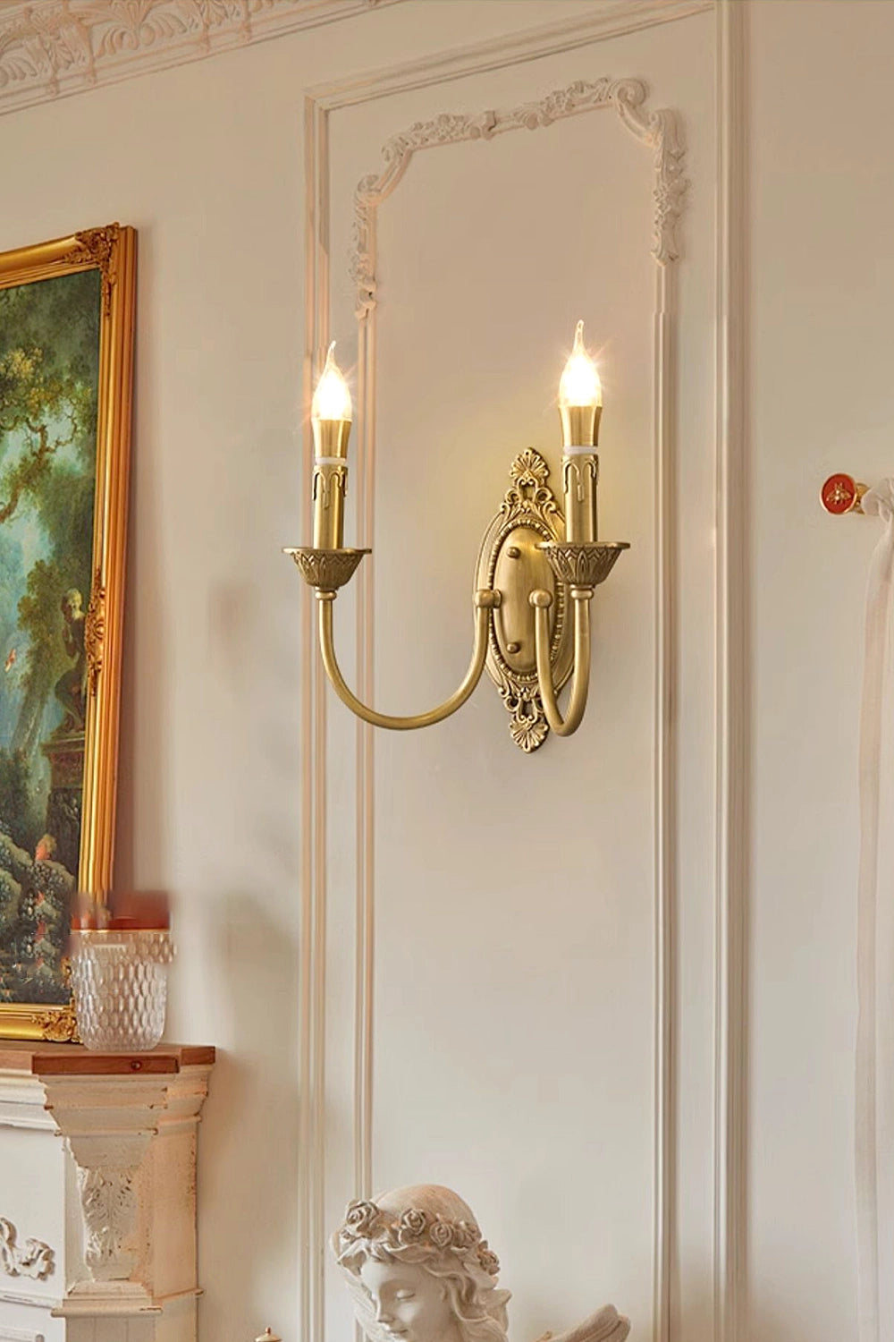 Candle-Style Brass & Waxwood Wall Sconce – Single Head Hardwired Indoor Light With Pull Chain, Walnut Finish, E12/E14 Socket, For Bedroom, Living Room, Hallway