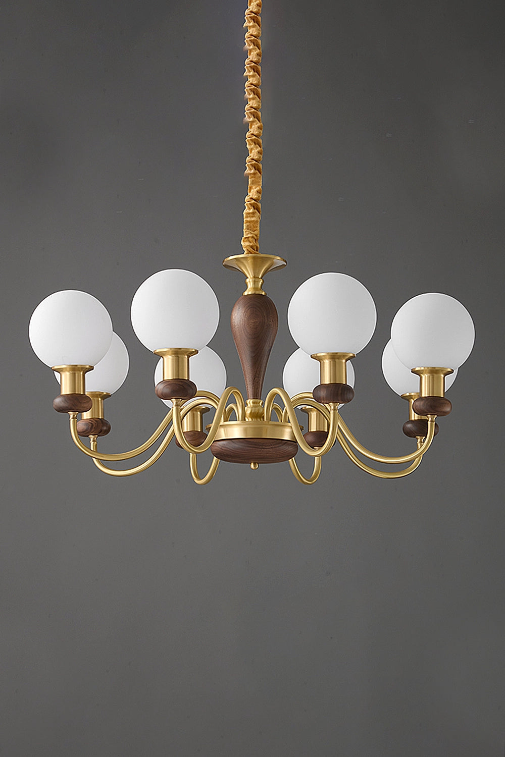 Vintage Globe Walnut Brass Chandelier