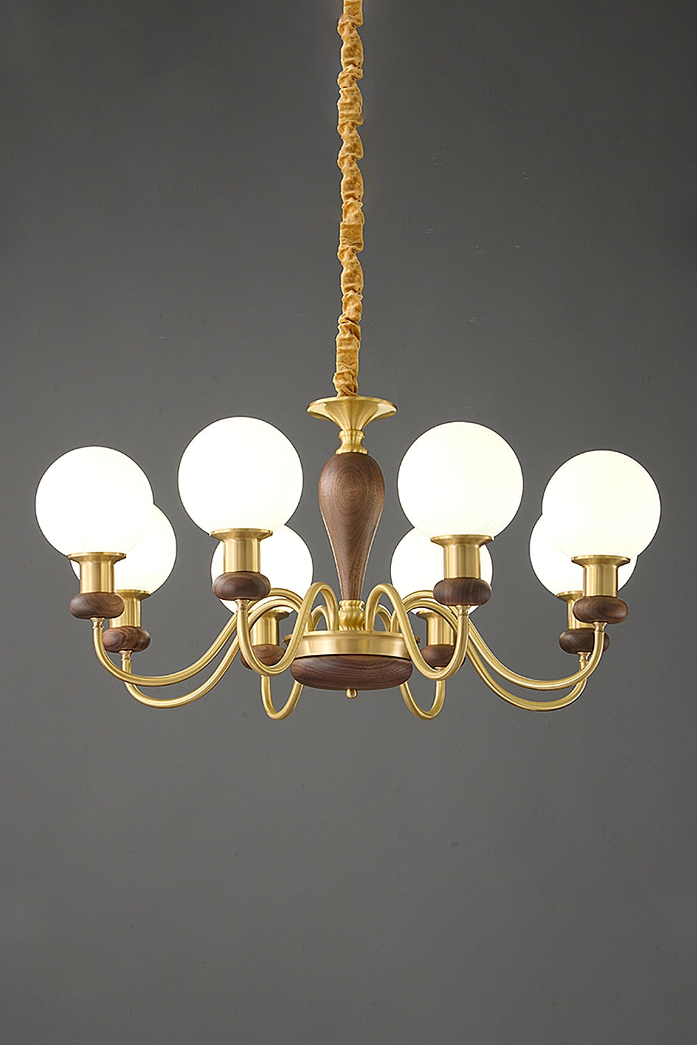 Vintage Globe Walnut Brass Chandelier