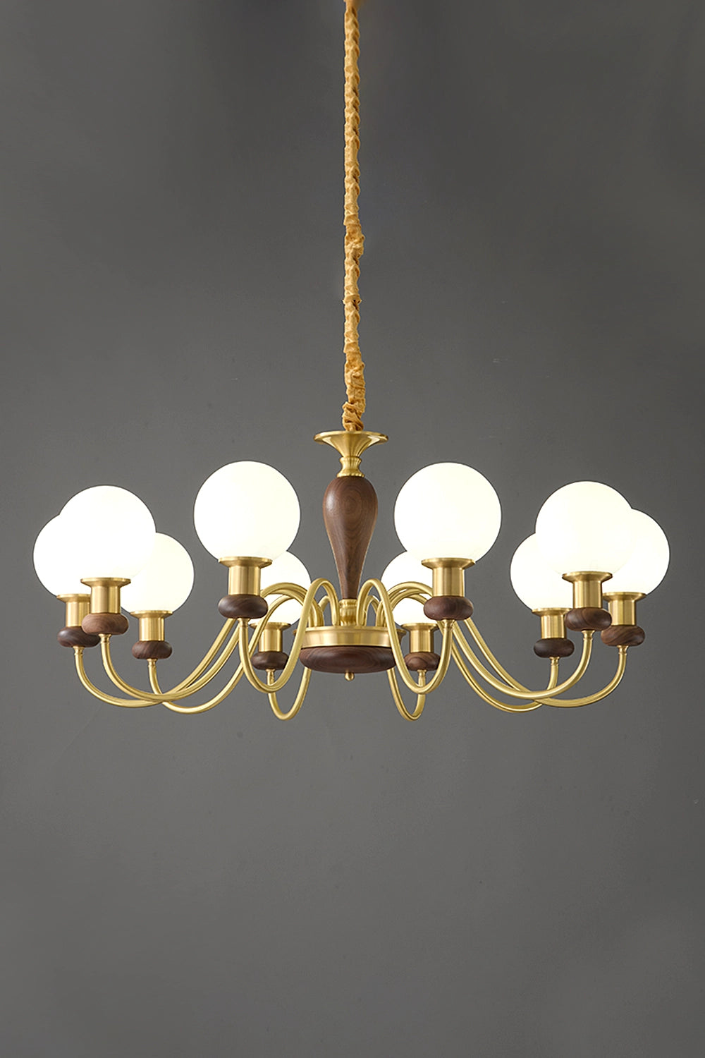Vintage Globe Walnut Brass Chandelier