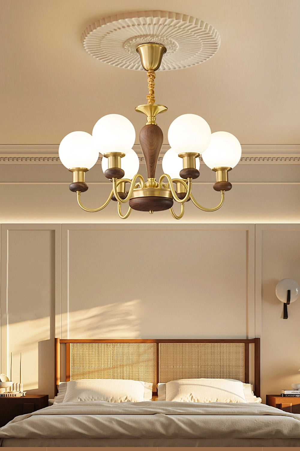 Vintage Globe Walnut Brass Chandelier