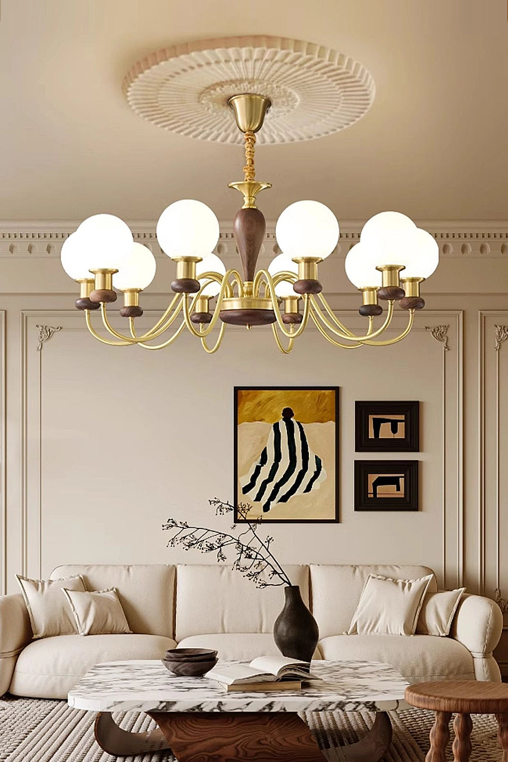 Vintage Globe Walnut Brass Chandelier