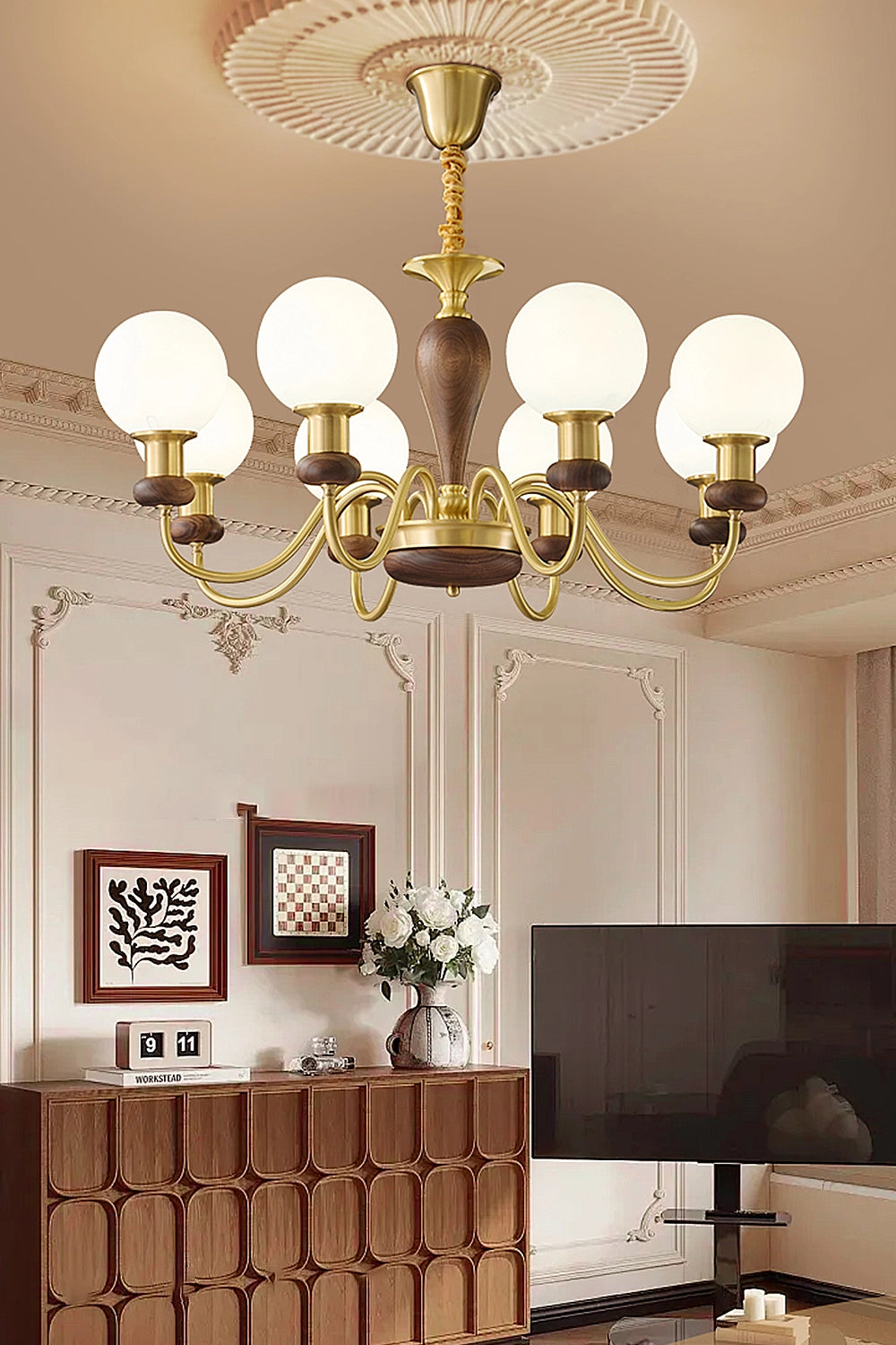 Vintage Globe Walnut Brass Chandelier