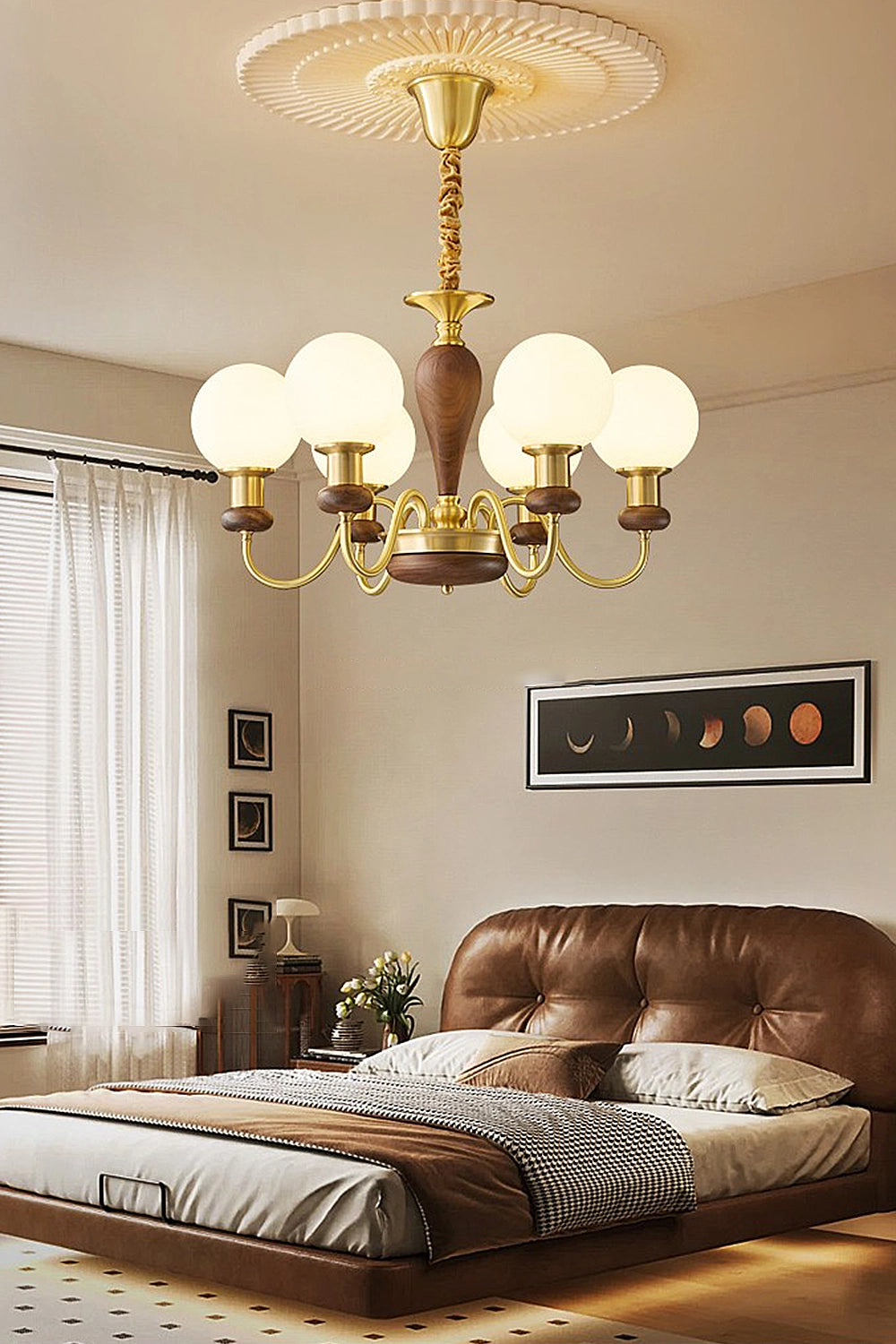 Vintage Globe Walnut Brass Chandelier